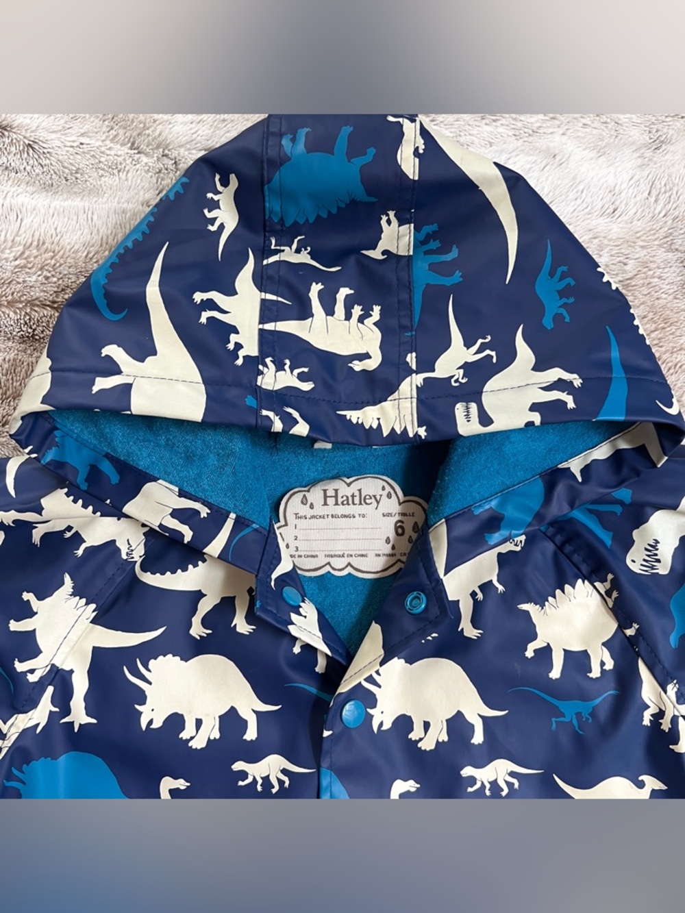 ๐ฆ6๐ฆHatley Kids Dinosaur Print Navy Blue White Snap Raincoat Jacket - Picture 5 of 11